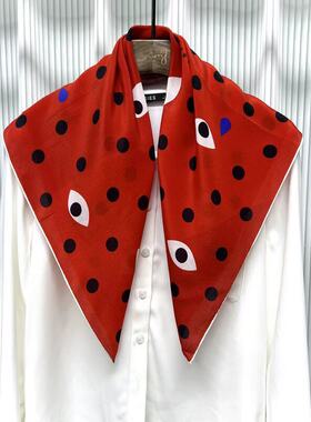 外单真丝100%桑蚕丝丝巾女围巾红色装饰波点70中方巾百搭领巾
