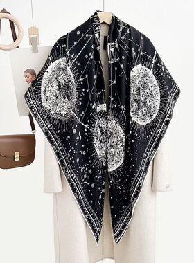 人字纹理黑白星月真丝羊毛大方巾高品质丝巾百搭披肩四季轻奢围巾