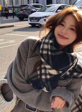 秋冬双面黑白格子轻奢氛围感新款围巾围脖披肩