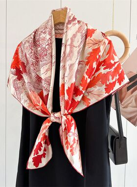 真丝丝巾女红色枫叶复古桑蚕丝气质印花百搭大方巾外搭围巾披肩