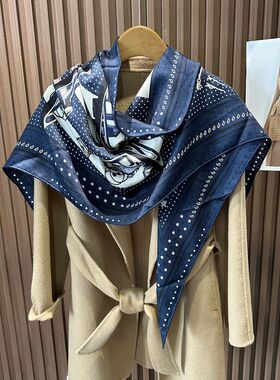 丝毛三角巾蓝色老爷车印花真丝羊毛围巾女秋冬高品质时尚丝毛披肩