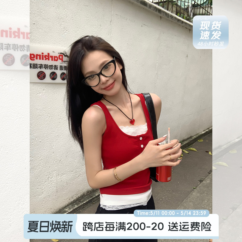 宋正恩蕾丝假两件短款红色背心女夏外穿辣妹工字修身无袖吊带上衣