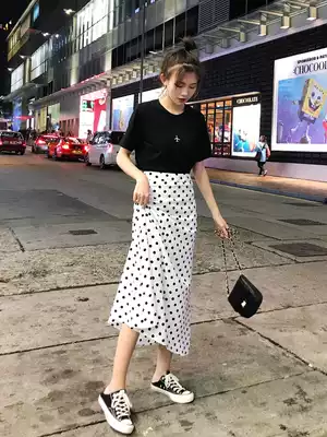 Song Zhengen high waist wavy point skirt skirt women's long version summer 2021 New Korean version of thin A- line dress long skirt