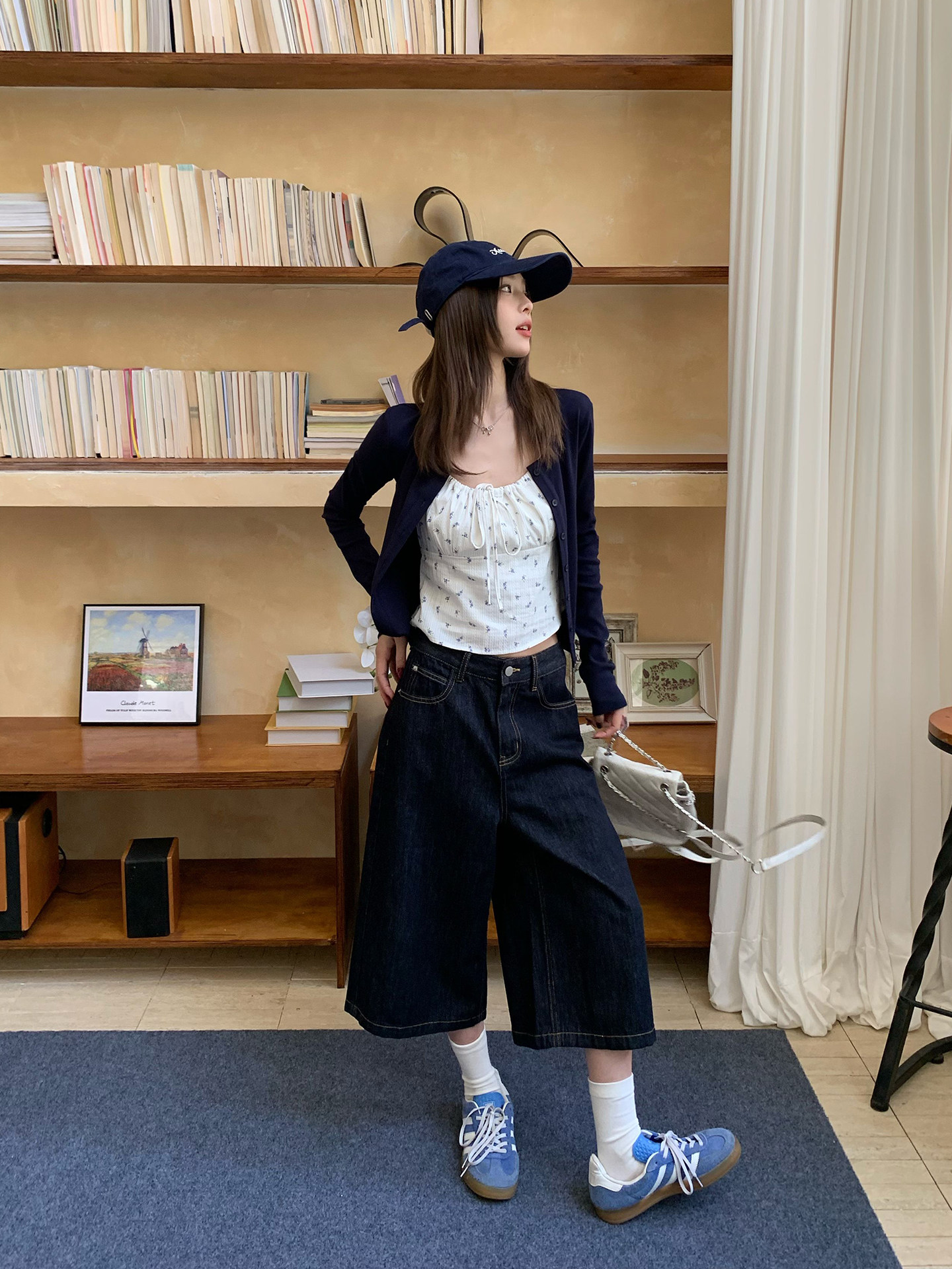 Navy Blue Knitted Cardigan Jacket for Women, Autumn Slim-Fit Short Sun-Protective Outerwear, Solid Color Long-Sleeve Top, Trendy