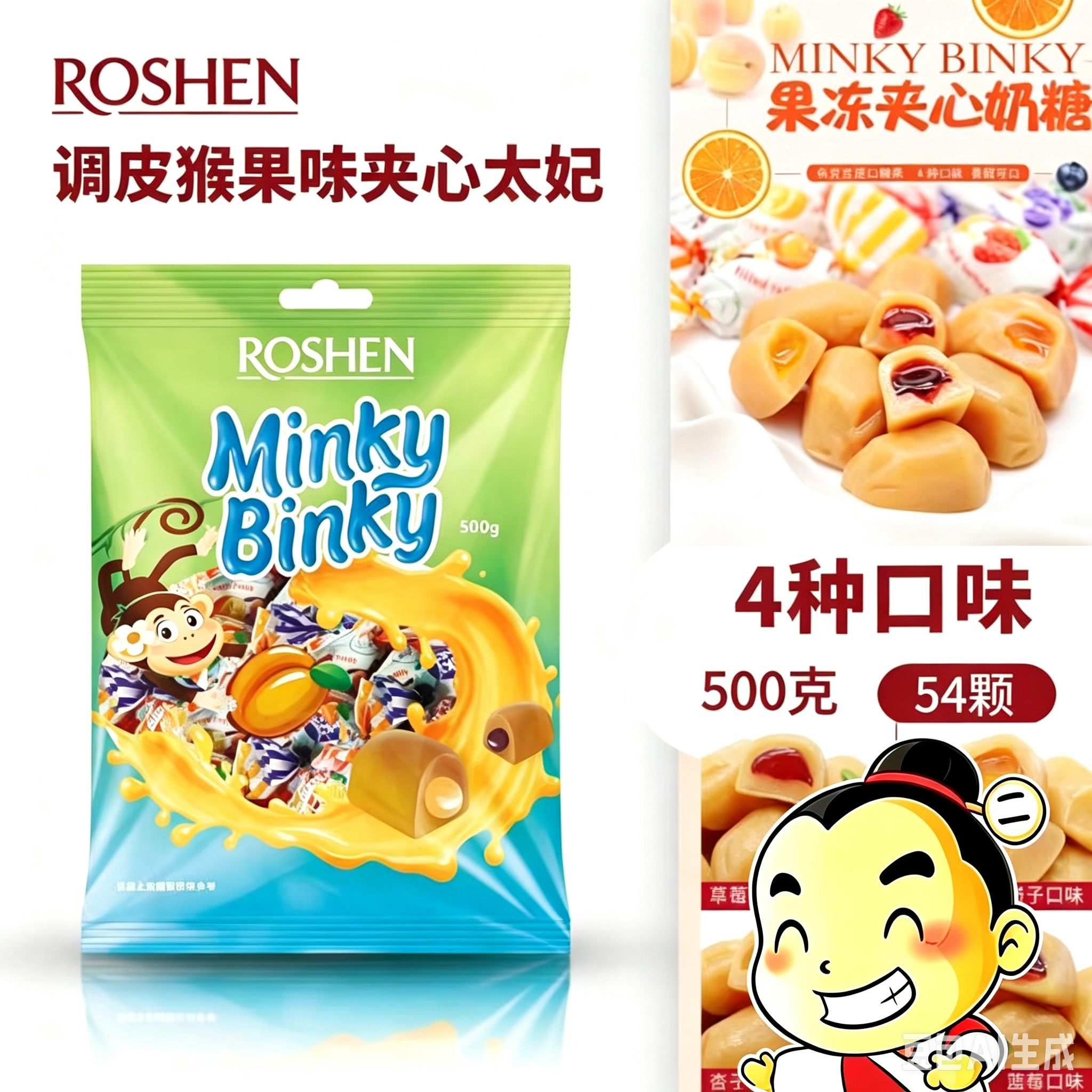 乌克兰进口如胜ROSHEN果冻夹心太妃糖小猴子牛奶水果软糖结婚喜糖