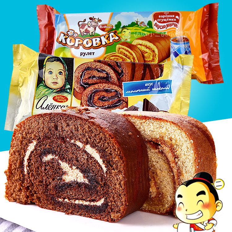 俄罗斯进口蛋糕卷大头娃娃巧克力小牛牛奶炼乳绿茶味营养早餐零食