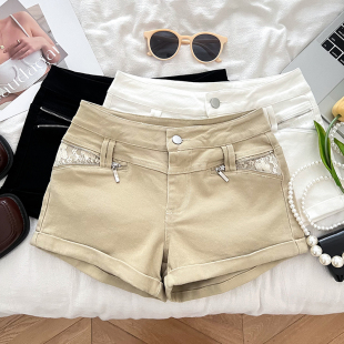 辣妹时尚 热裤 百搭蕾丝拼接牛仔高腰显瘦短裤 休闲裤 女 阔腿裤 美式