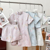 两件套 复古新中式 松紧高腰显瘦短裤 缎面盘扣开叉短袖 阔腿裤 上衣