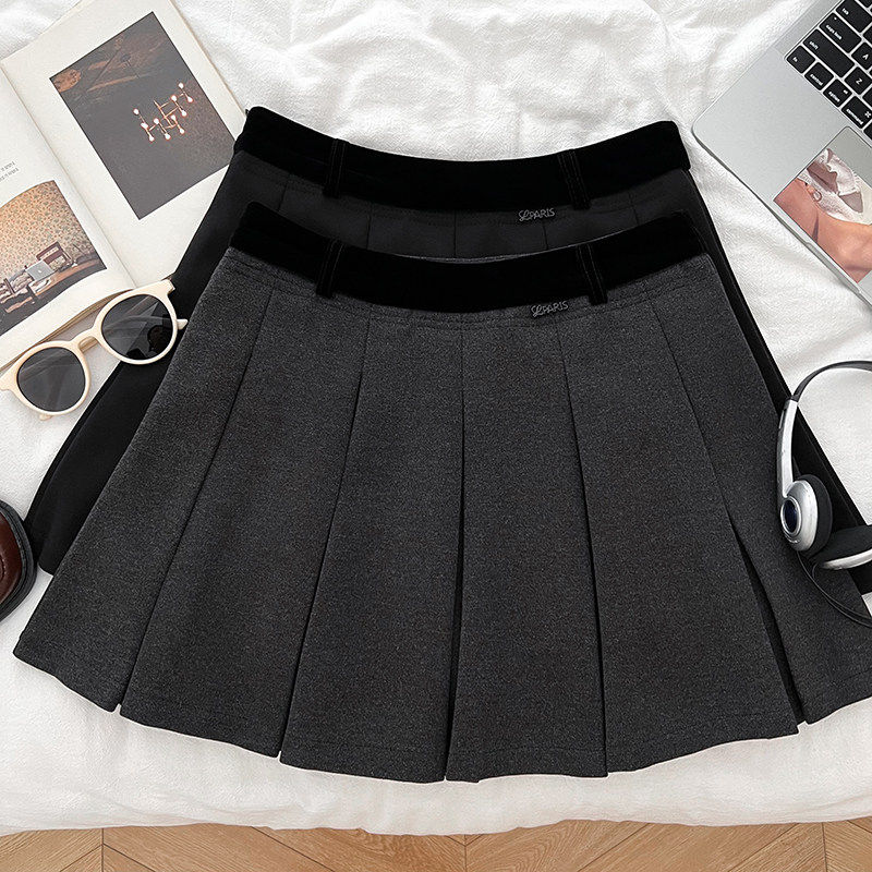 时尚百搭撞色高腰显瘦加厚毛呢半身裙百褶裙防走光短裙a字裙女