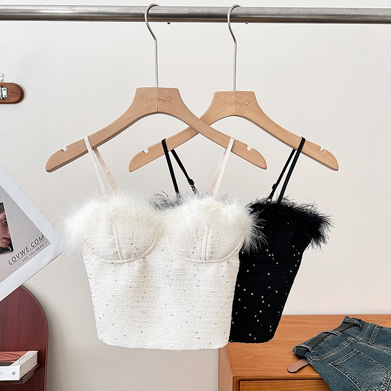 法式气质亮片粗花呢毛毛修身显瘦短款吊带背心内搭打底衫上衣女,女装/女士精品,背心吊带,淘宝优惠券,粉丝福利购,淘宝优惠卷