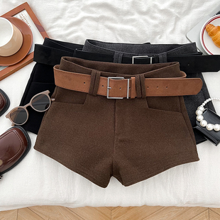 时尚 靴裤 休闲百搭纯色高腰显瘦毛呢短裤 休闲裤 配皮带女 阔腿裤 韩版