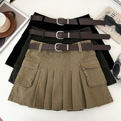 美式 半身裙百褶裙防走光短裙a字裙女 复古辣妹高腰显瘦牛仔工装