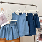 休闲百搭牛仔无袖 热裤 背心上衣短裤 韩版 阔腿裤 休闲裤 两件套女夏季