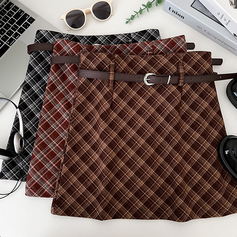 复古撞色格子高腰显瘦半身裙防走光短裙包臀裙a字裙配皮带女,女装/女士精品,半身裙,淘宝优惠券,粉丝福利购,淘宝优惠卷