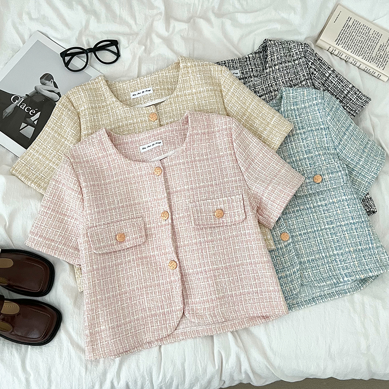 小香风粗花呢圆领单排扣短款外套