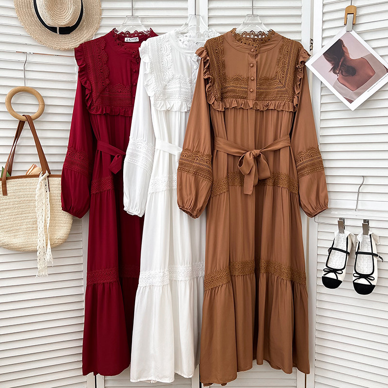 法式气质时尚百搭蕾丝花边单排扣高腰绑带显瘦中长款长袖连衣裙女,女装/女士精品,连衣裙,淘宝优惠券,粉丝福利购,淘宝优惠卷