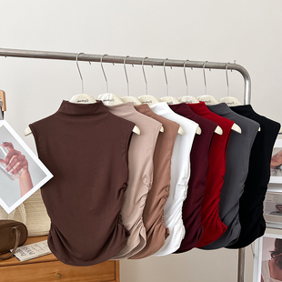 设计感时尚百搭半高领褶皱修身显瘦短款无袖背心内搭打底衫上衣女