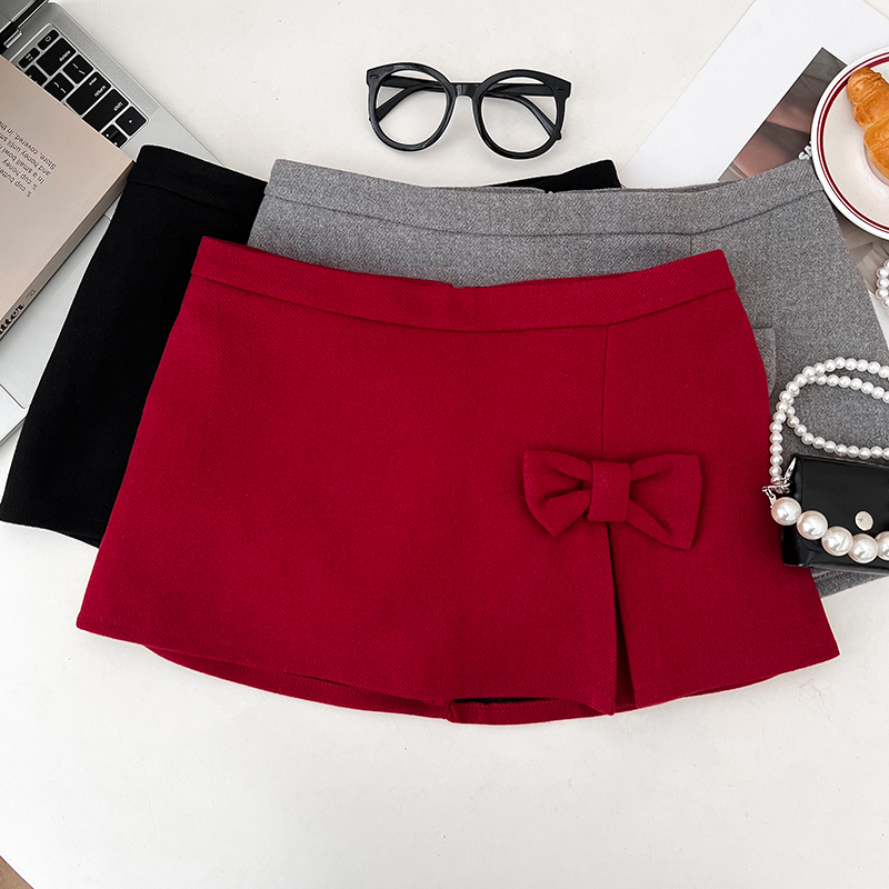 立体蝴蝶结开叉毛呢高腰半身裙