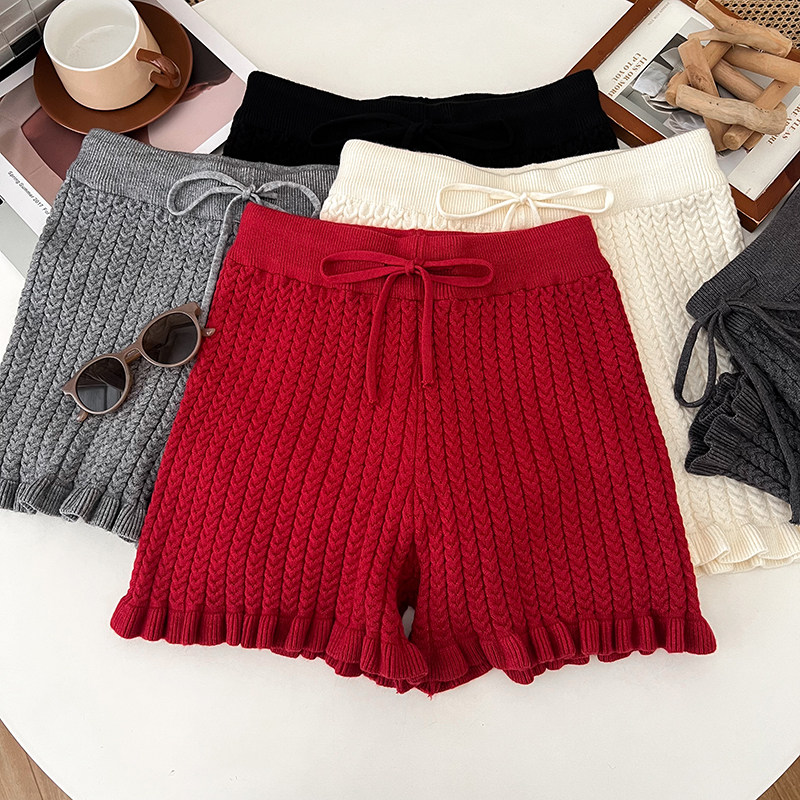 韩版时尚百搭抽绳高腰显瘦麻花针织短裤休闲裤打底裤靴裤女秋冬