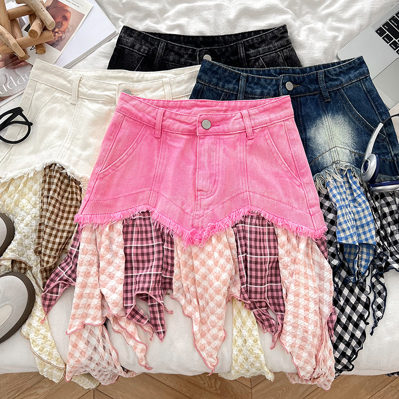 不规则格子荷叶边拼接牛仔半身裙