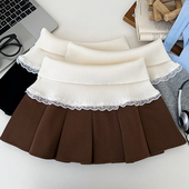 辣妹时尚 百搭高腰显瘦针织拼接蕾丝边半身裙百褶裙短裙a字裙女