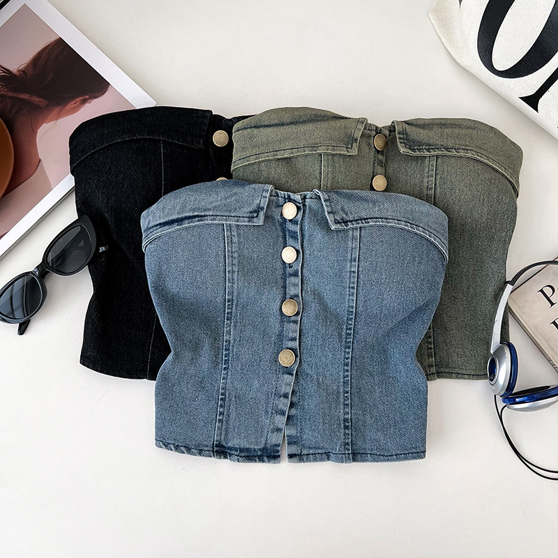 复古辣妹百搭单排扣修身显瘦短款牛仔抹胸背心内搭打底衫上衣女,女装/女士精品,抹胸,淘宝优惠券,粉丝福利购,淘宝优惠卷