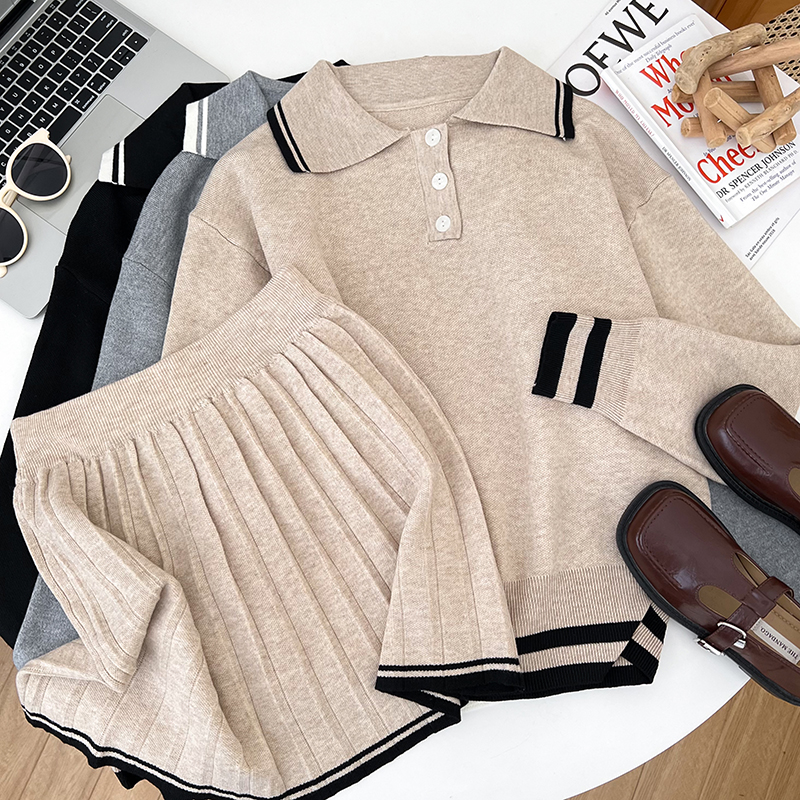 撞色polo领半身裙百褶裙两件套