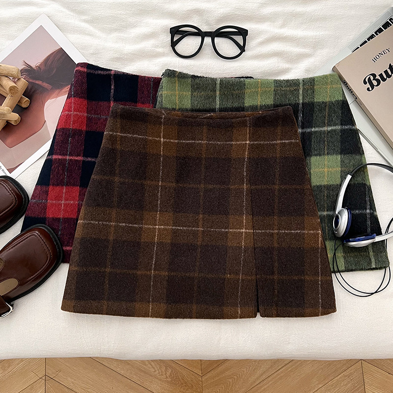 复古学院风撞色格纹高腰显瘦毛呢半身裙开叉短裙包臀裙女秋冬新款