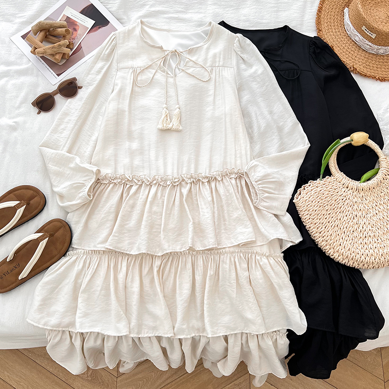 木耳边多层荷叶边中长款连衣裙