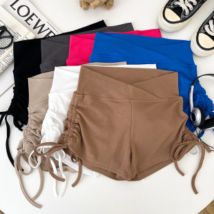 辣妹时尚 女夏季 百搭褶皱抽绳不规则高腰显瘦短裤 打底裤 热裤 美式