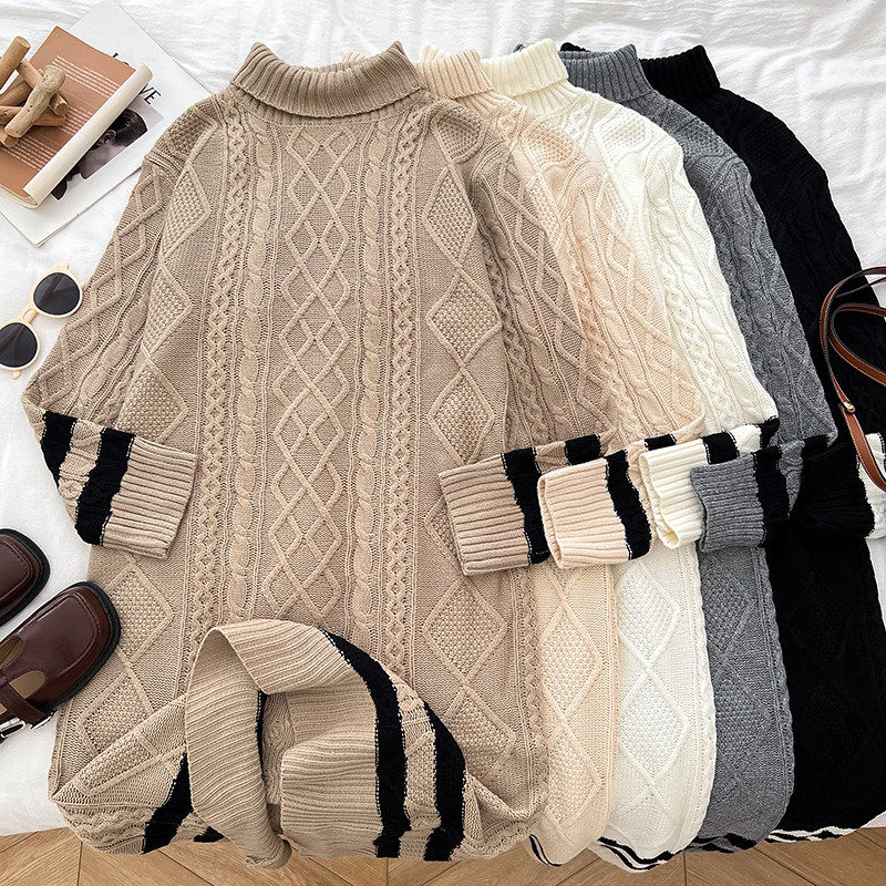 韩版宽松慵懒风高领麻花长袖中长款针织连衣裙女秋冬新款时尚百搭