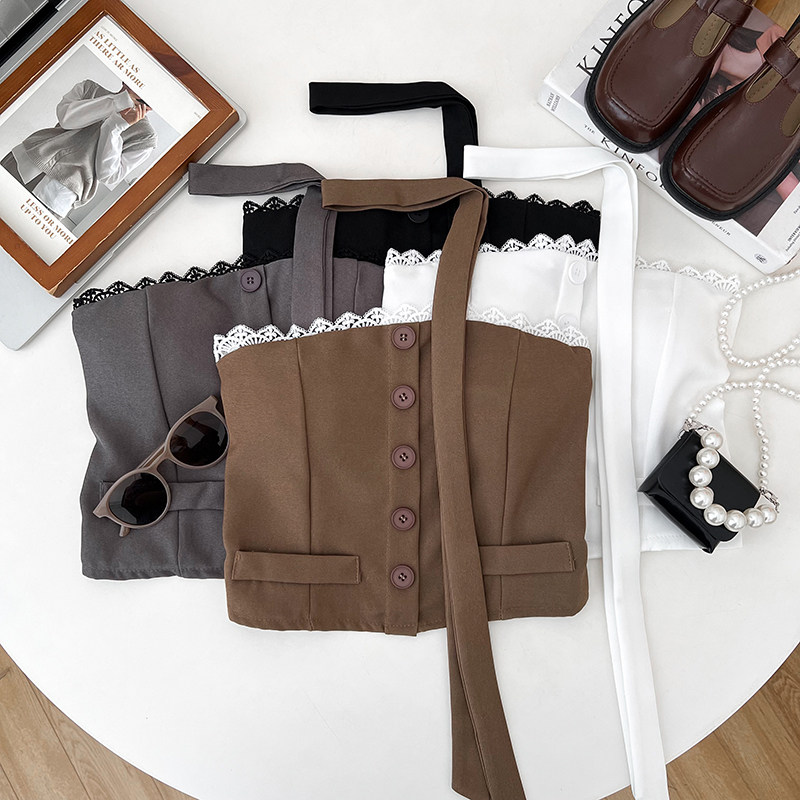 设计感时尚蕾丝边拼接单排扣抹胸背心内搭打底衫上衣女带飘带夏,女装/女士精品,抹胸,淘宝优惠券,粉丝福利购,淘宝优惠卷