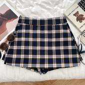 韩版 复古撞色格纹高腰显瘦两侧开叉半身裙防走光短裙a字裙女