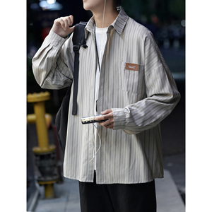 长袖条纹衬衫男秋季衬衣港风复古男装潮宽松衣服休闲CS112-P50图片