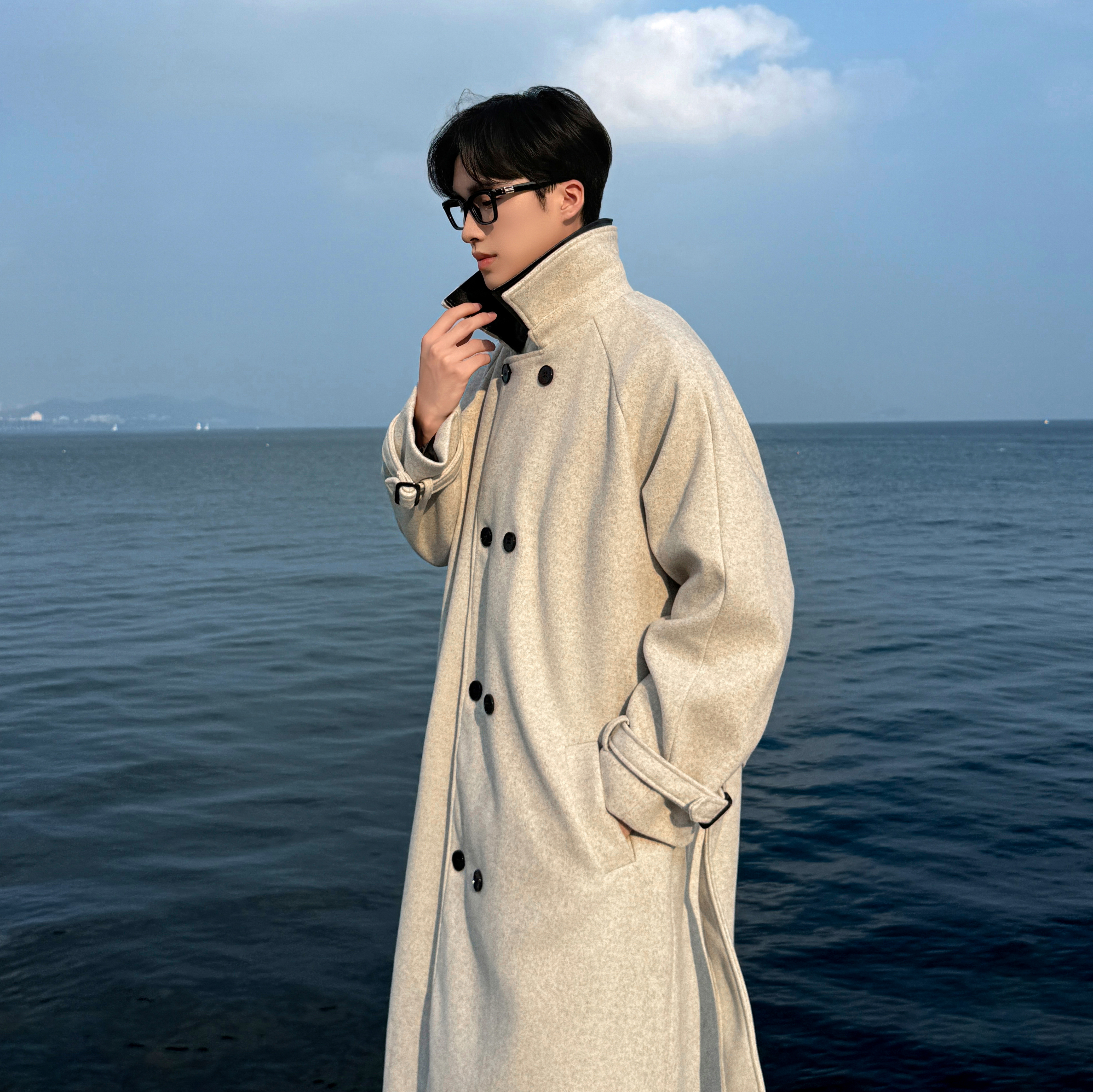 秋冬新款男士中长款风衣领子拼接过膝风衣韩版毛呢大衣F396-P138，男装风衣，电商A152