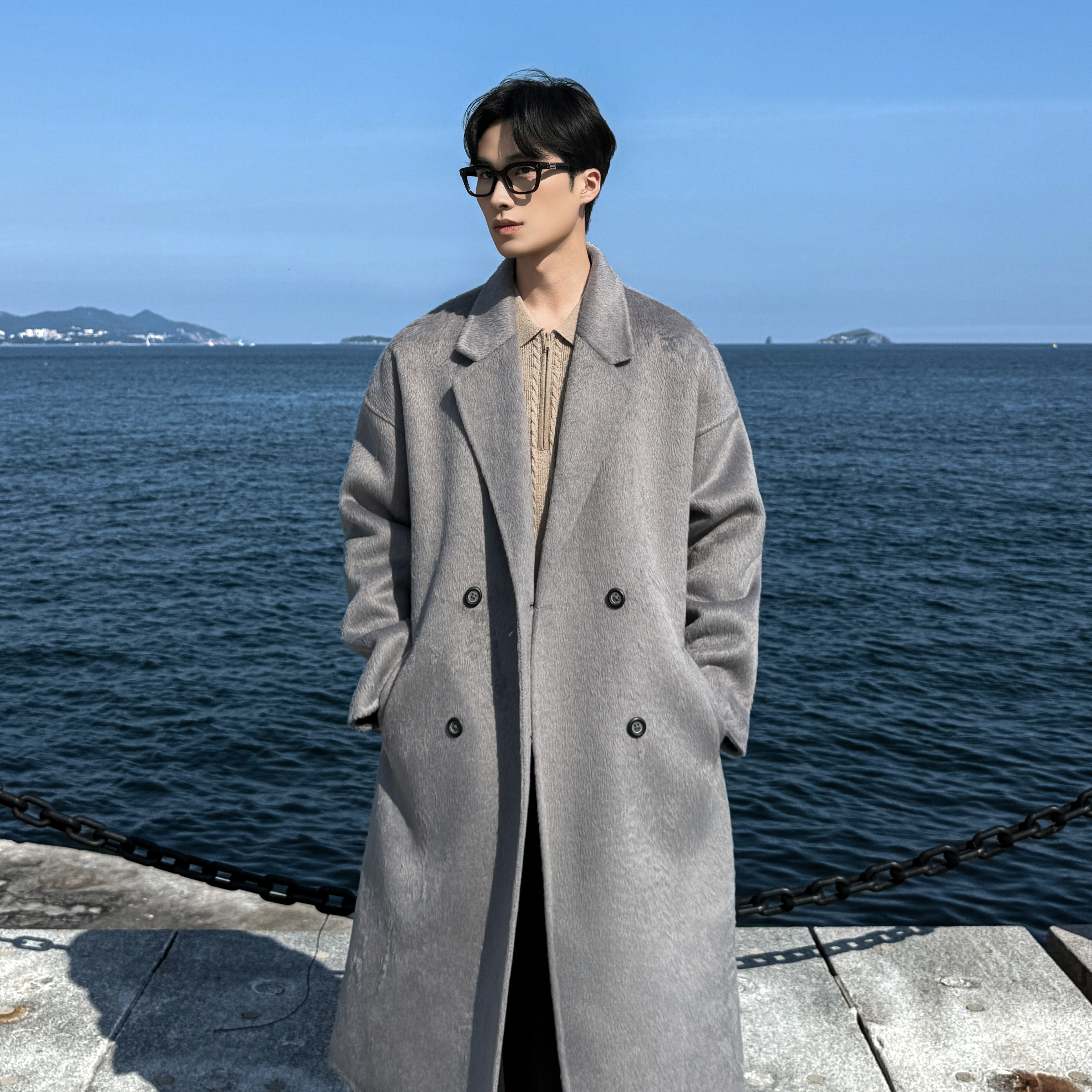 手工双面呢大衣秋冬韩版中长款毛呢大衣男过膝羊毛大衣F771-P198，男装毛呢大衣，电商A152