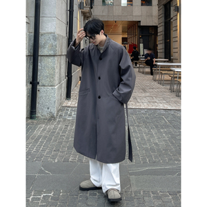 直播品质秋冬男士中长款风衣领子拼接过膝风衣系带韩版F321-P118