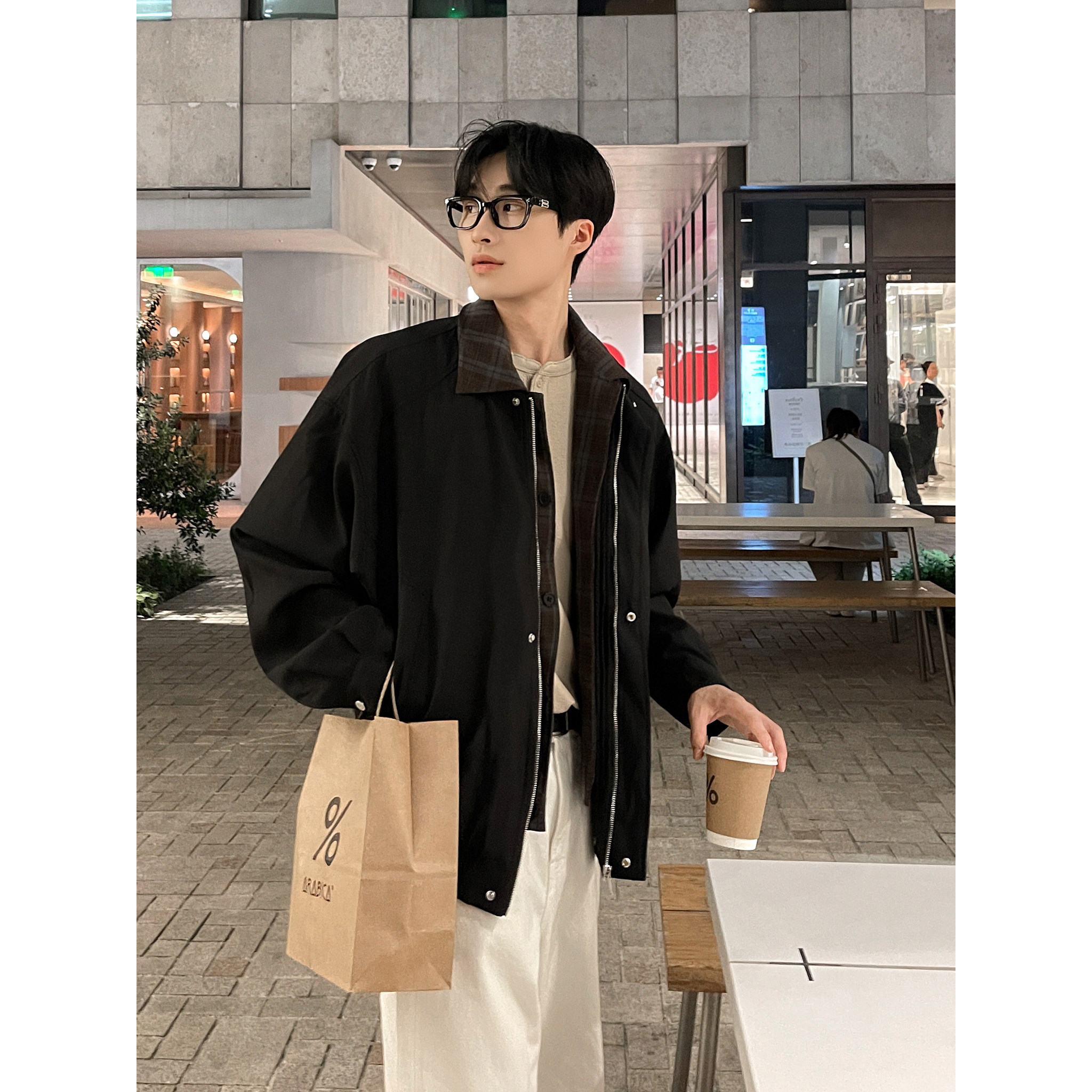 假两件飞行夹克男美拉德穿搭格纹拼接棒球服大码F326-P98128,男装夹克,电商A152