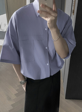 白衬衫男短袖夏季设计感高级潮流宽松休闲大码半袖衬衣CS202-P48