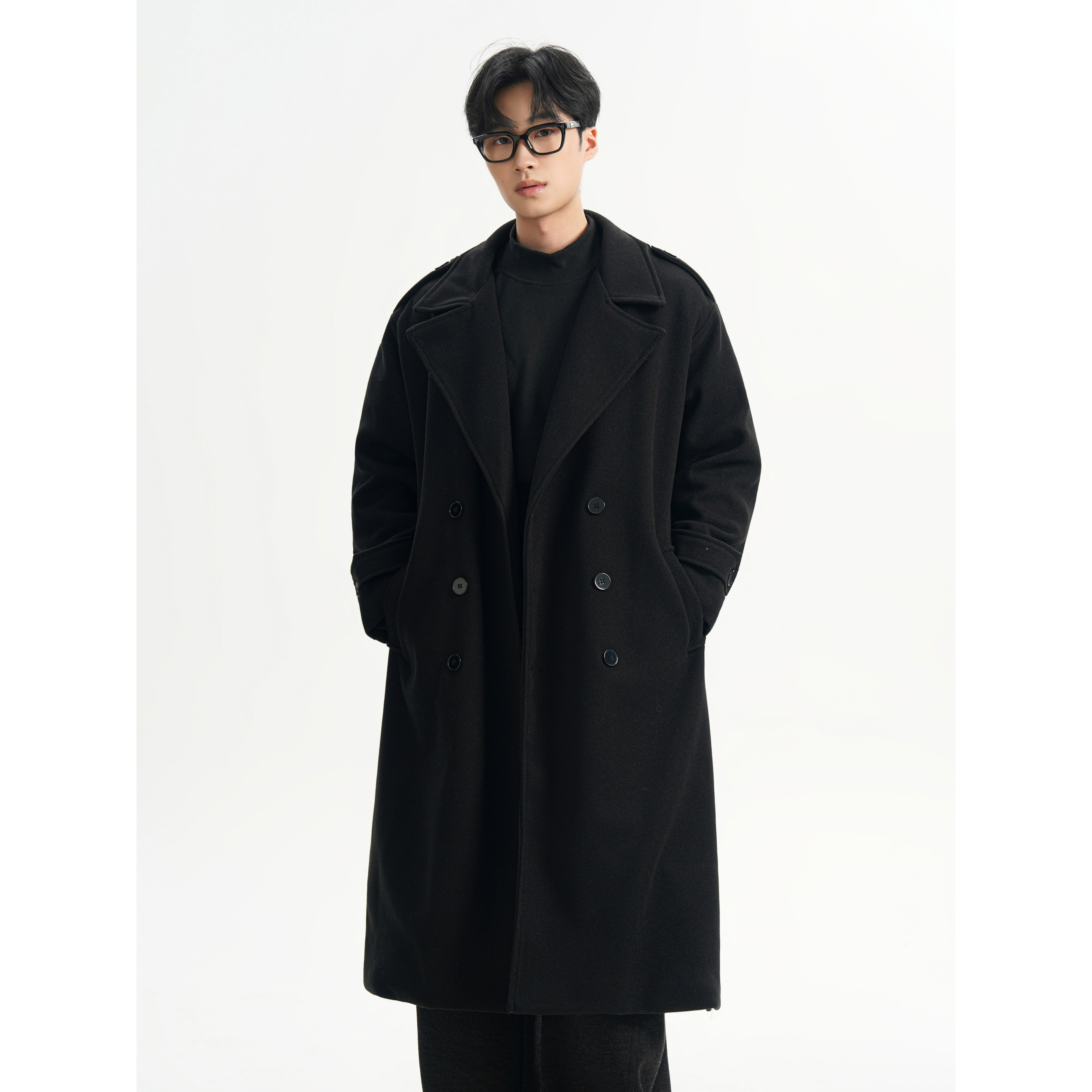 抖音秋冬中长款男生过膝毛呢大衣男肩章加厚外套F399-P138，男装毛呢大衣，电商A152