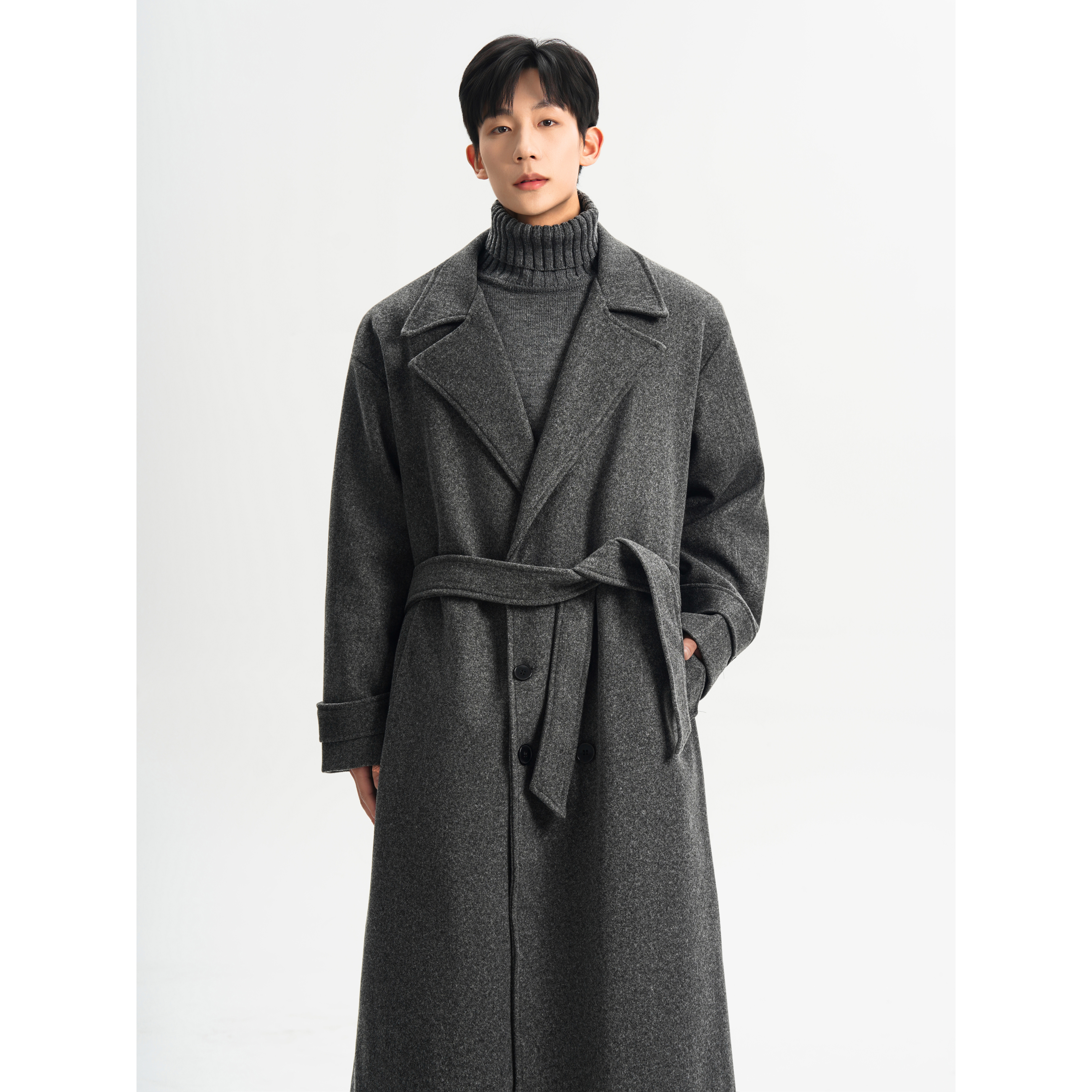 直播  加厚毛呢大衣男韩版宽松双排扣中长款风衣F668-P138图片