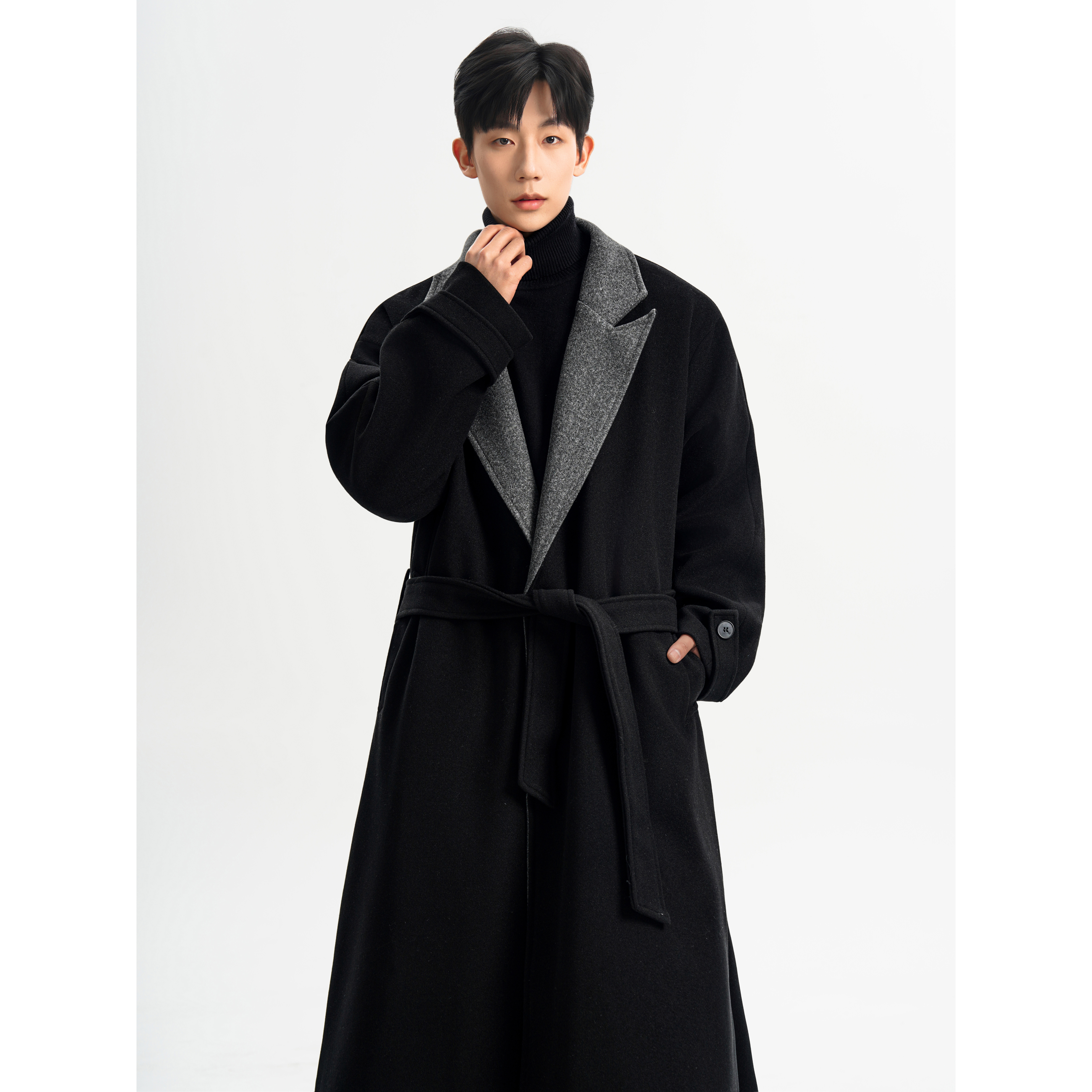 直播加厚毛呢大衣男韩版宽松双排扣中长款风衣F855-P138，男装风衣，电商A152