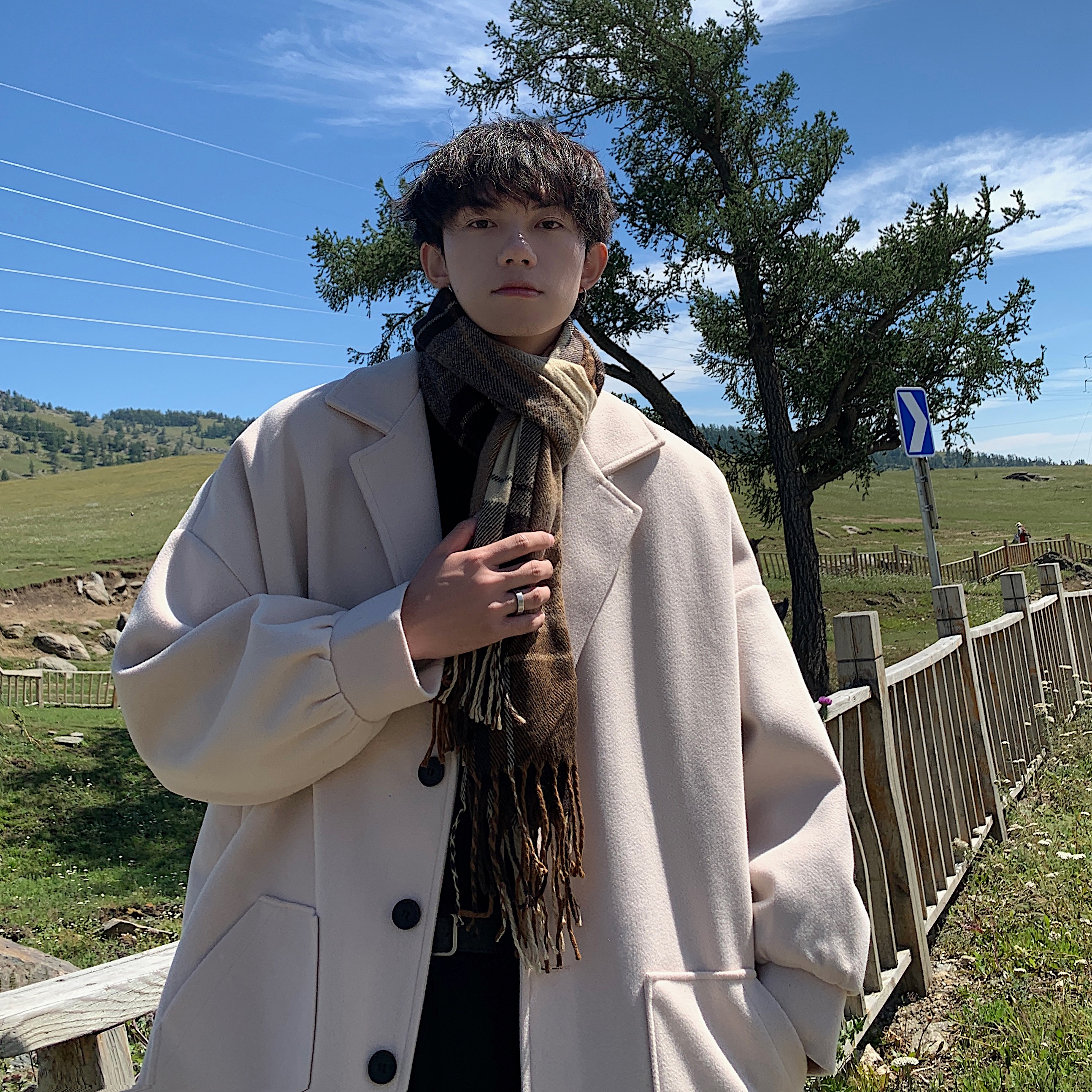 毛呢大衣男中长款ins港风加厚风衣秋冬oversize呢子外套F266-P108，男装风衣，电商A152