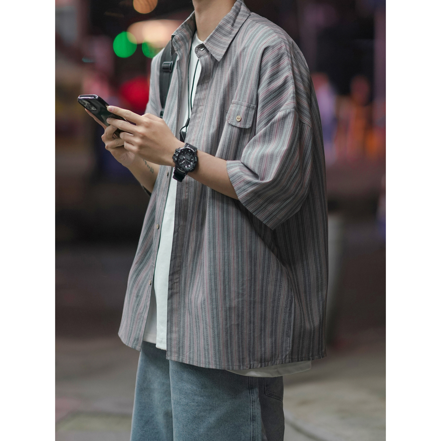 直播款 M-5XL 高品质男生短袖衬衫宽松港风CS105-P55控68