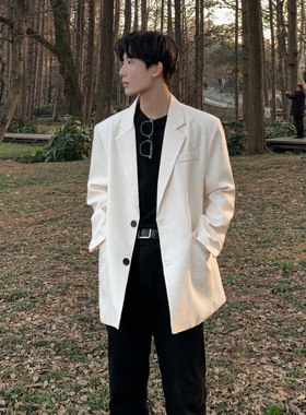 高级感西装外套男春秋垫肩oversize黑色休闲小西服F505-P110