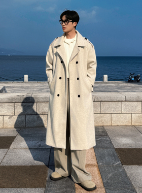 F395特P105盗图投诉男士中长款风衣领子拼接过膝风衣韩版毛呢大衣