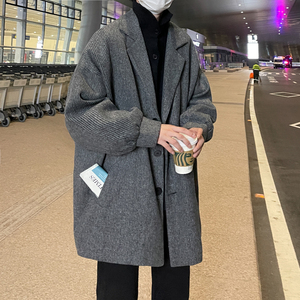 2023风衣男秋冬中长款韩版休闲毛呢大衣宽松呢子外套大码F76-P95图片