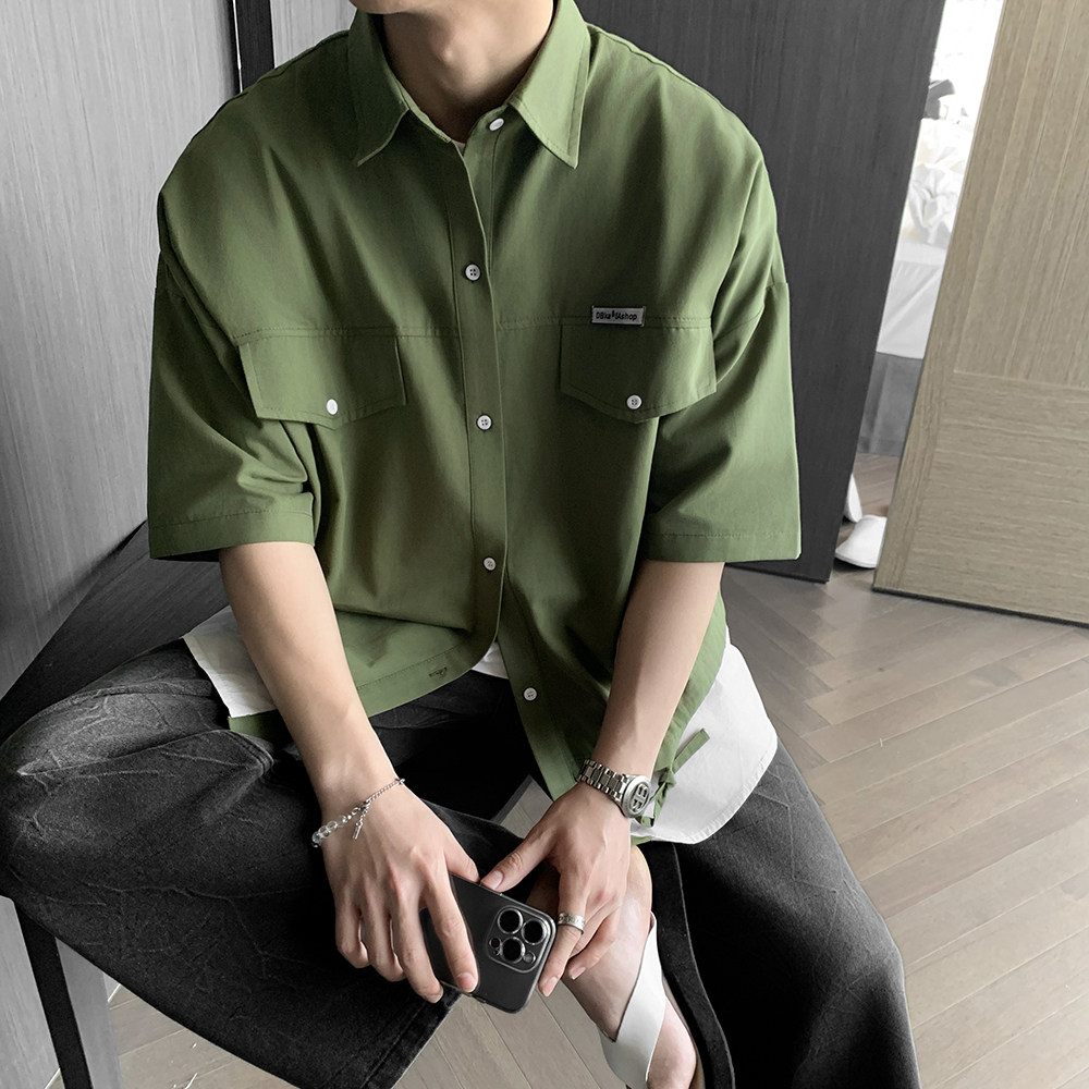 美式假两件衬衫男2024夏季新款拼接设计感短袖衬衣CS211-P75