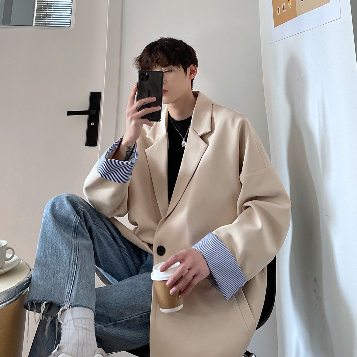 炸街小西装外套西装男高级感痞帅休闲西服春秋衣服大码XF70-P85,男装西服套装,电商A152