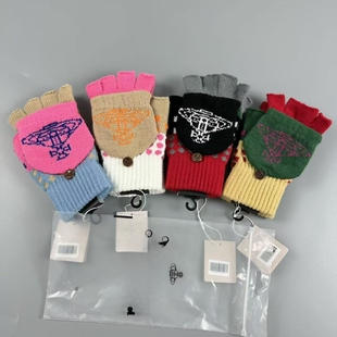 钻饰土星西太后可爱毛绒笑脸拼色露指触屏分指针织保暖五指手套